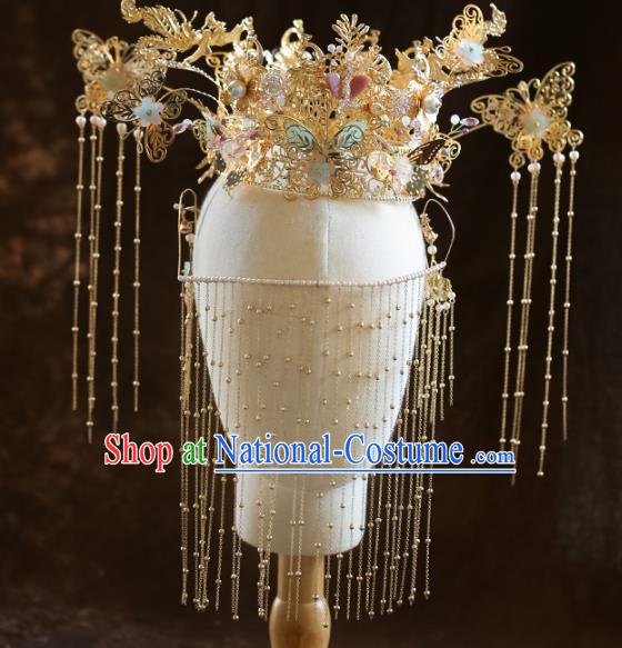 Chinese Ancient Bride Headdress Golden Butterfly Hairpins Phoenix Coronet Traditional Wedding Hair Accessories for Women