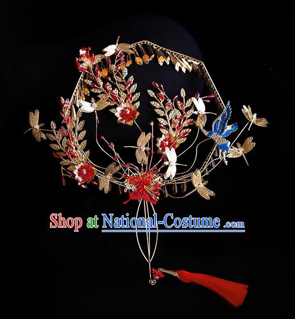 Chinese Traditional Bride Golden Dragonfly Palace Fans Handmade Classical Hanfu Wedding Fan for Women