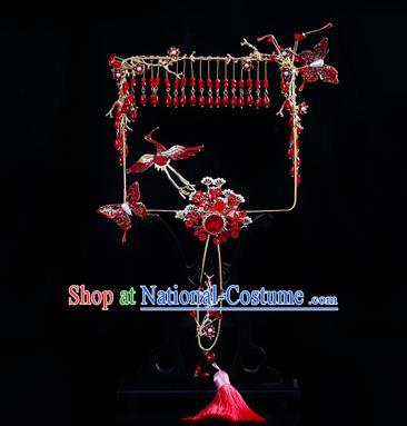 Chinese Traditional Bride Red Crane Pine Palace Fans Handmade Classical Hanfu Wedding Fan for Women