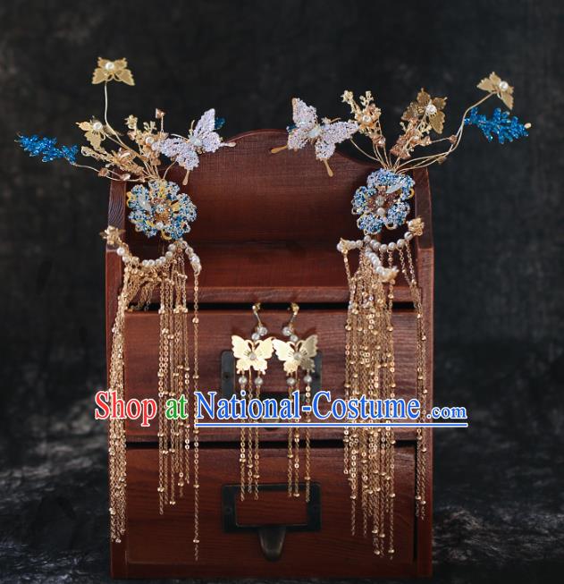 Chinese Traditional Hanfu Butterfly Flowers Hair Clasp Tassel Hairpins Ancient Princess Hair Accessories for Women