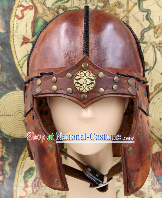 Chinese Traditional Yuan Dynasty General Brown Leather Helmet Ancient Soldier Hat Headwear for Men