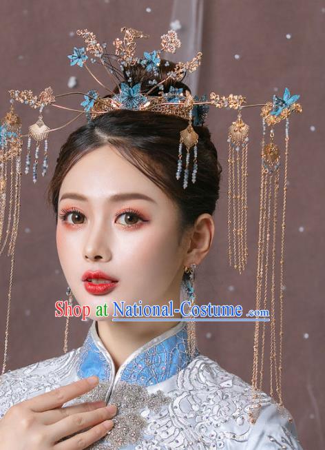 Chinese Ancient Bride Headdress Blue Flowers Phoenix Coronet Traditional Wedding Hair Accessories for Women