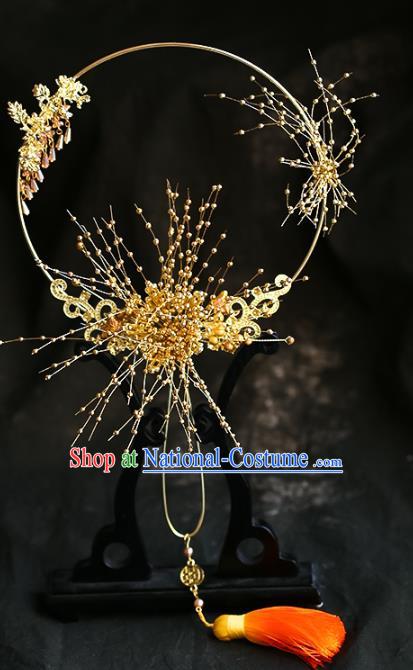 Chinese Traditional Bride Golden Beads Palace Fans Handmade Classical Hanfu Wedding Fan for Women