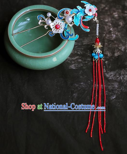 Chinese Ancient Hanfu Red Tassel Hairpin Traditional Bride Hair Accessories for Women