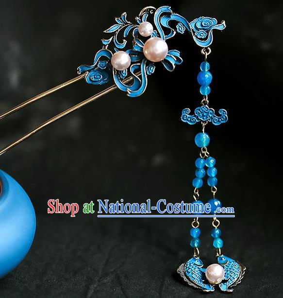 Chinese Ancient Hanfu Blue Fishes Tassel Hairpin Traditional Bride Hair Accessories for Women