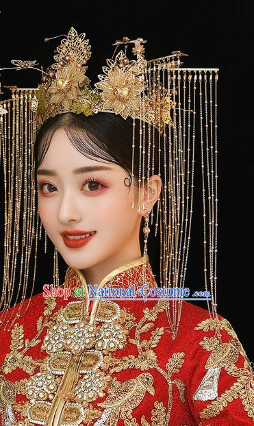 Chinese Ancient Bride Headdress Golden Phoenix Coronet Traditional Wedding Hair Accessories for Women