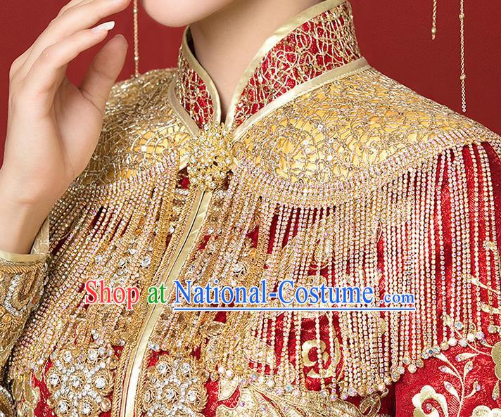 Chinese Ancient Wedding Bride Tassel Golden Shoulder Accessories Traditional Xiuhe Suit Cappa for Women