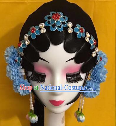 Traditional Chinese Beijing Opera Blue Hairpins Headdress Peking Opera Diva Hair Accessories for Women