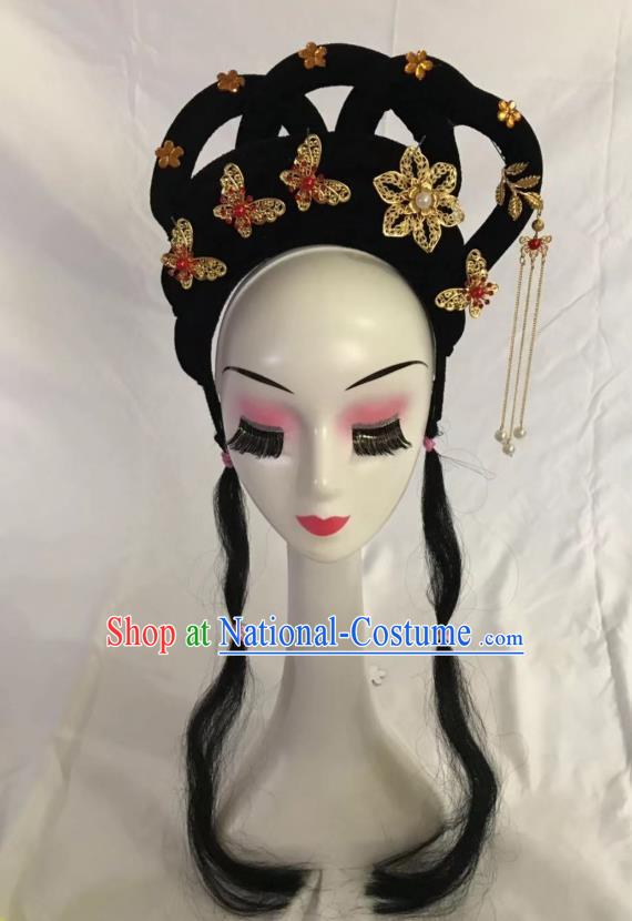 Traditional Chinese Opera Wig Sheath and Butterfly Hairpins Headdress Peking Opera Diva Hair Accessories for Women