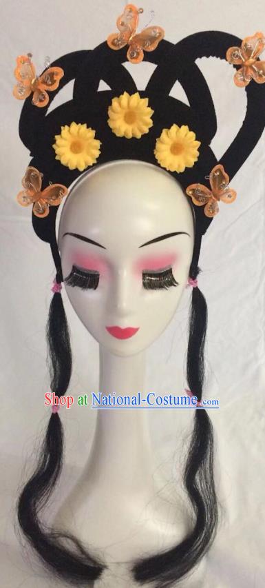 Traditional Chinese Opera Wig Sheath and Yellow Flower Hairpins Headdress Peking Opera Diva Hair Accessories for Women