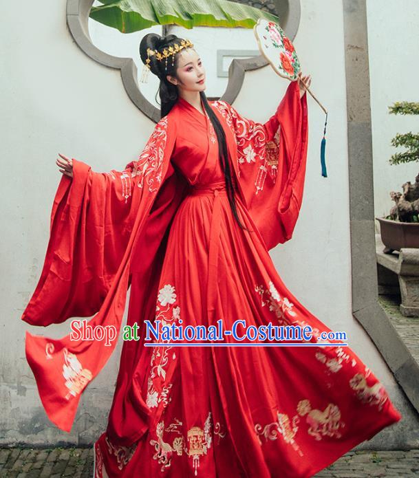 Chinese Ancient Embroidered Wedding Dresses Traditional Tang Dynasty Princess Red Historical Costume Complete Set for Women