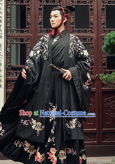 Chinese Ancient Emperor Embroidered Black Clothing Traditional Qin Dynasty Royal Prince Historical Costume Complete Set for Men