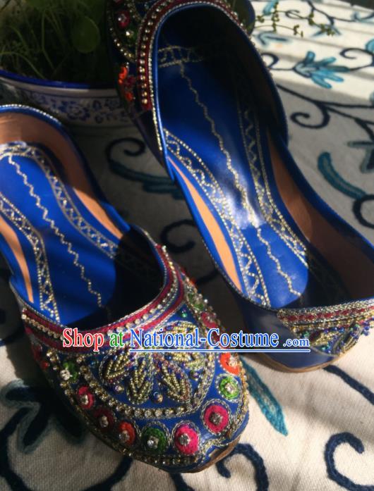 Asian India Traditional Bride Embroidered Leaf Royalblue Leather Shoes Indian Handmade Shoes for Women