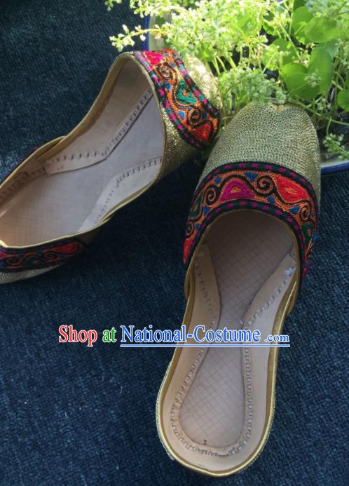 Asian India Traditional Embroidered Golden Leather Shoes Indian Handmade Shoes for Women