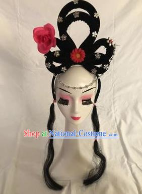 Traditional Chinese Opera Goddess Wig Sheath and Rosy Rose Hairpins Headdress Peking Opera Diva Hair Accessories for Women