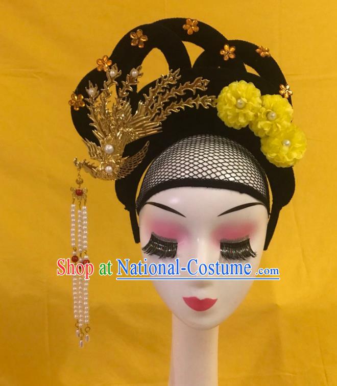 Traditional Chinese Opera Wig and Yellow Flower Phoenix Hairpins Headdress Peking Opera Diva Hair Accessories for Women