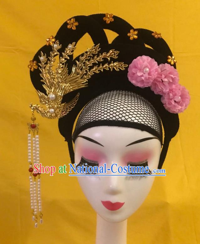 Traditional Chinese Opera Wig and Pink Flower Phoenix Hairpins Headdress Peking Opera Diva Hair Accessories for Women