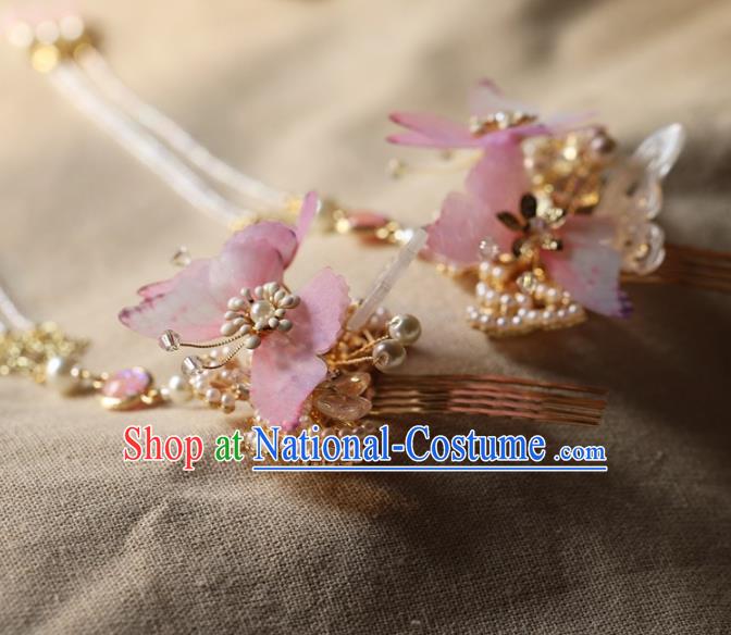 Traditional Chinese Handmade Pink Butterfly Tassel Hair Comb Headdress Ancient Hanfu Hair Accessories for Women