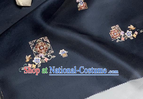 Chinese Traditional Classical Embroidered Pattern Design Navy Silk Fabric Asian Hanfu Material