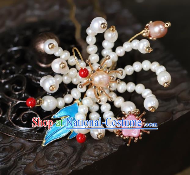 Traditional Chinese Handmade Pearls Chrysanthemum Hairpin Headdress Ancient Hanfu Hair Accessories for Women