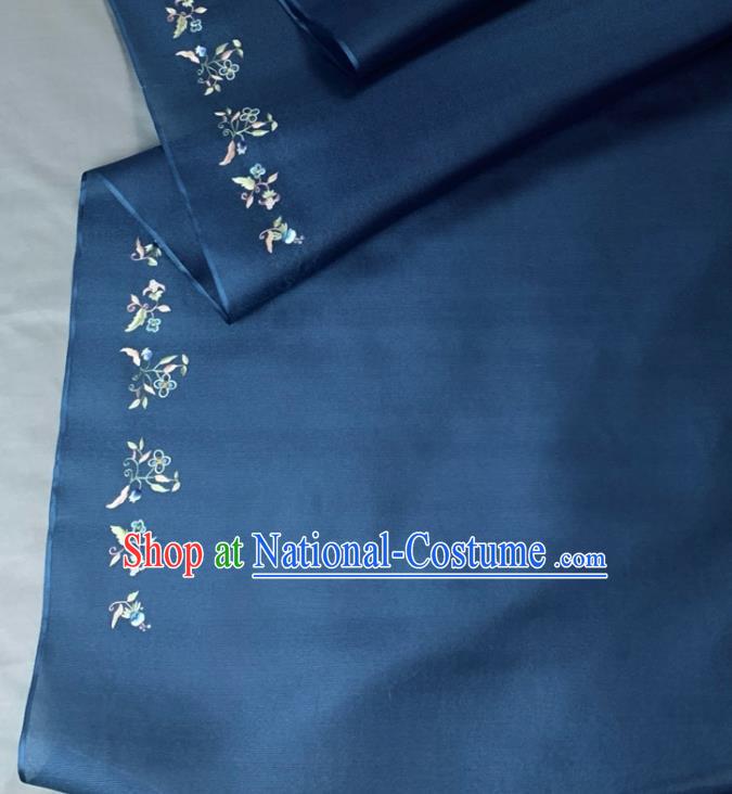 Chinese Classical Embroidered Flowers Pattern Design Deep Blue Silk Fabric Asian Traditional Hanfu Material