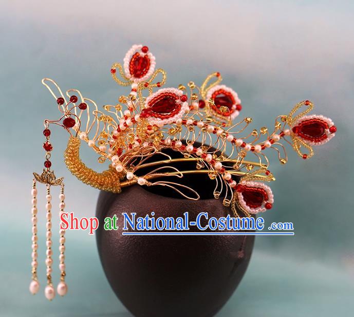 Traditional Chinese Handmade Golden Phoenix Tassel Hairpins Headdress Ancient Hanfu Hair Accessories for Women