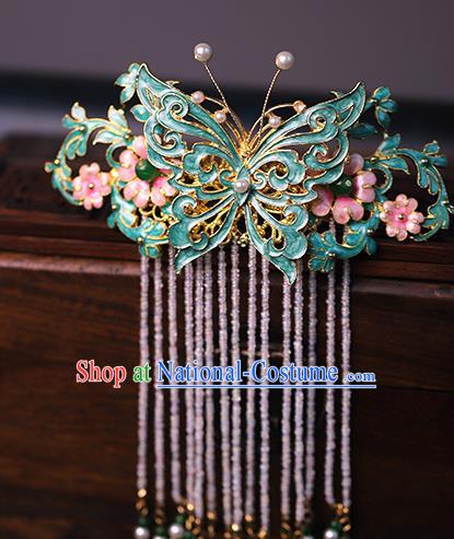 Traditional Chinese Qing Dynasty Blue Butterfly Tassel Hair Comb Headdress Ancient Queen Hair Accessories for Women