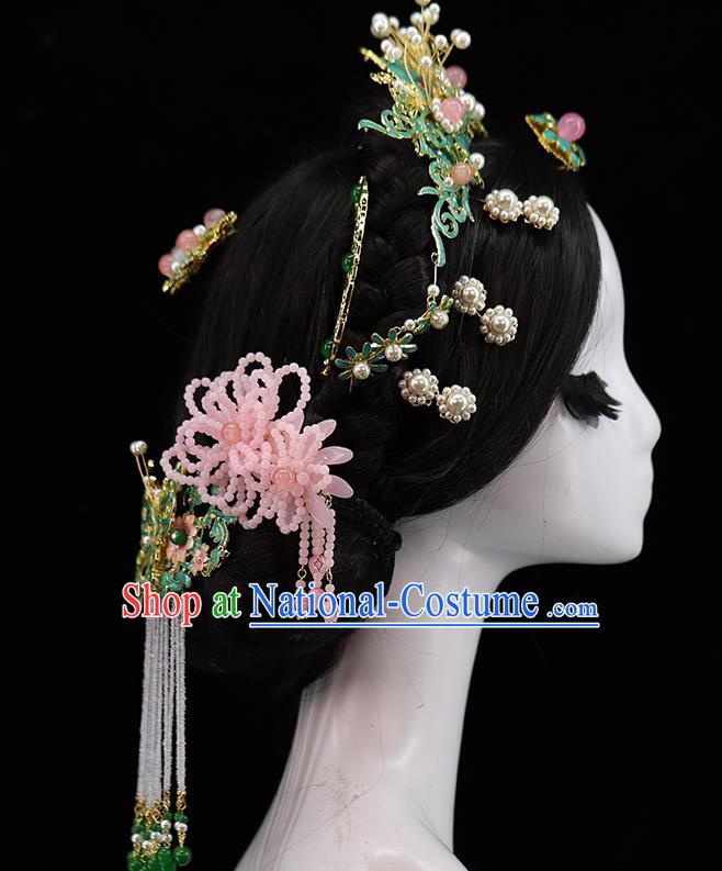 Traditional Chinese Qing Dynasty Tassel Hairpins Hair Comb Headdress Ancient Queen Hair Accessories Complete Set for Women