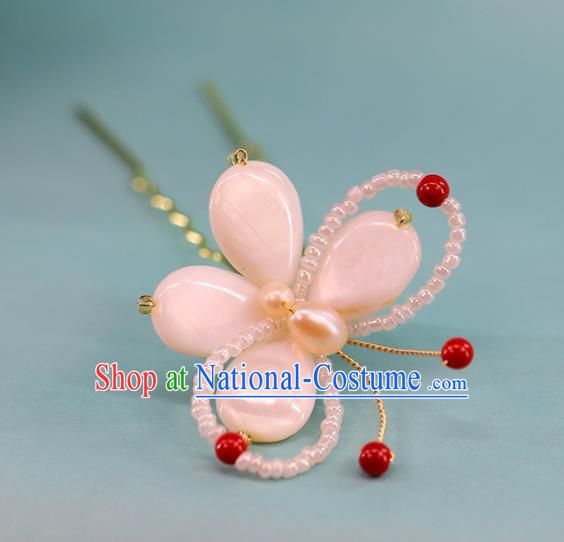 Traditional Chinese Handmade Pink Shell Butterfly Hairpins Headdress Ancient Hanfu Hair Accessories for Women