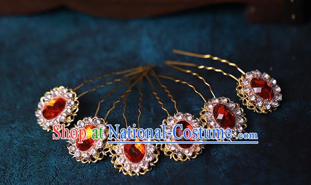 Traditional Chinese Handmade Red Crystal Hairpins Headdress Ancient Hanfu Hair Accessories for Women