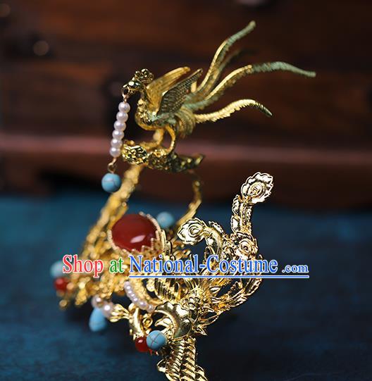 Traditional Chinese Qing Dynasty Golden Phoenix Hairpins Hair Crown Headdress Ancient Queen Hair Accessories for Women