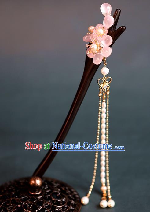 Traditional Chinese Handmade Ebony Pink Sakura Hairpins Headdress Ancient Hanfu Hair Accessories for Women