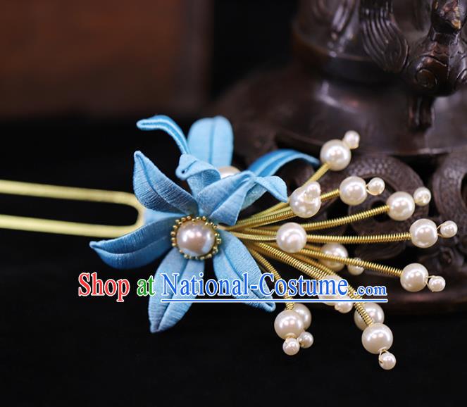 Traditional Chinese Handmade Blue Flower Hairpins Headdress Ancient Hanfu Hair Accessories for Women