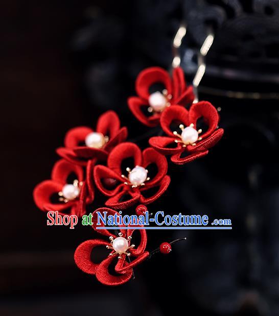 Traditional Chinese Handmade Red Plum Blossom Hairpins Headdress Ancient Hanfu Hair Accessories for Women