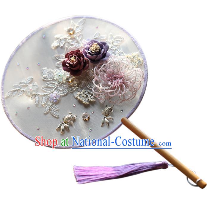 Traditional Chinese Handmade Round Fans Ancient Hanfu Beads Flowers Palace Fan for Women