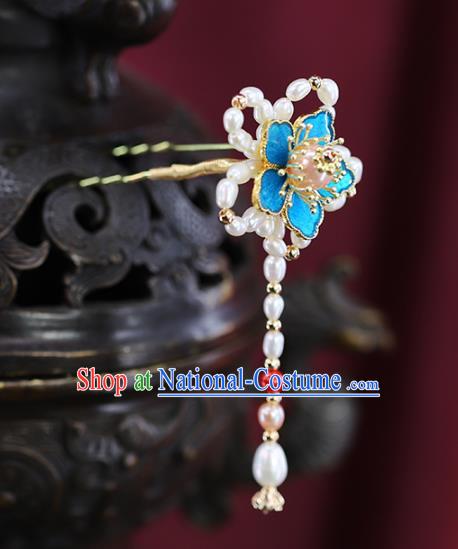 Traditional Chinese Handmade Pearls Plum Blossom Tassel Hairpins Headdress Ancient Hanfu Hair Accessories for Women