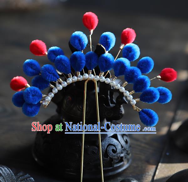 Traditional Chinese Handmade Royalblue Velvet Hairpins Headdress Ancient Hanfu Hair Accessories for Women