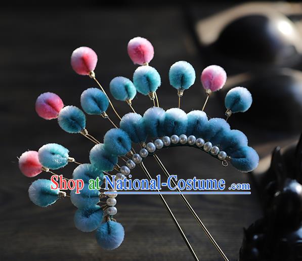 Traditional Chinese Handmade Blue Velvet Hairpins Headdress Ancient Hanfu Hair Accessories for Women