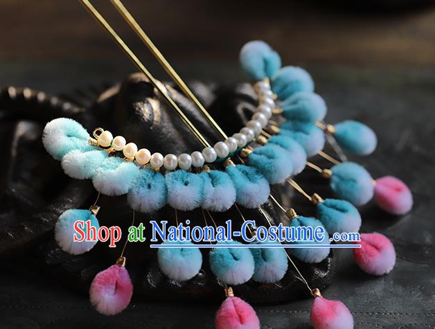 Traditional Chinese Handmade Blue Velvet Hairpins Headdress Ancient Hanfu Hair Accessories for Women