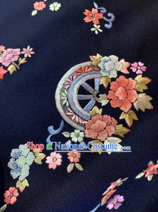 Chinese Classical Embroidered Fan Flowers Pattern Design Navy Silk Fabric Asian Traditional Hanfu Material