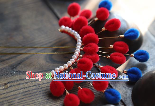 Traditional Chinese Handmade Red Velvet Hairpins Headdress Ancient Hanfu Hair Accessories for Women