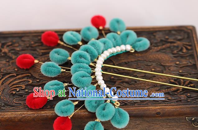 Traditional Chinese Handmade Green Velvet Hairpins Headdress Ancient Hanfu Hair Accessories for Women