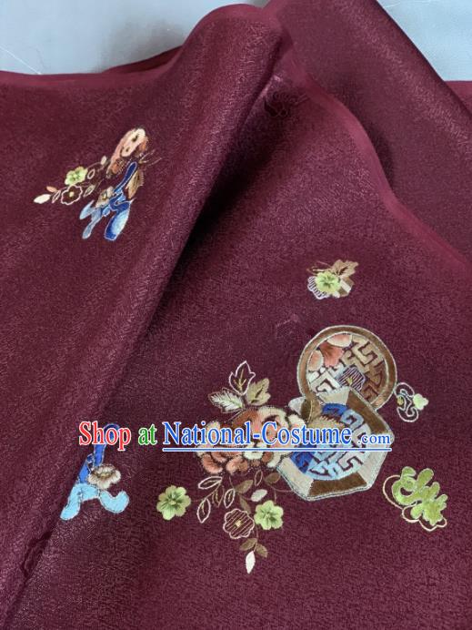 Chinese Classical Embroidered Lucky Flowers Pattern Design Wine Red Silk Fabric Asian Traditional Hanfu Material