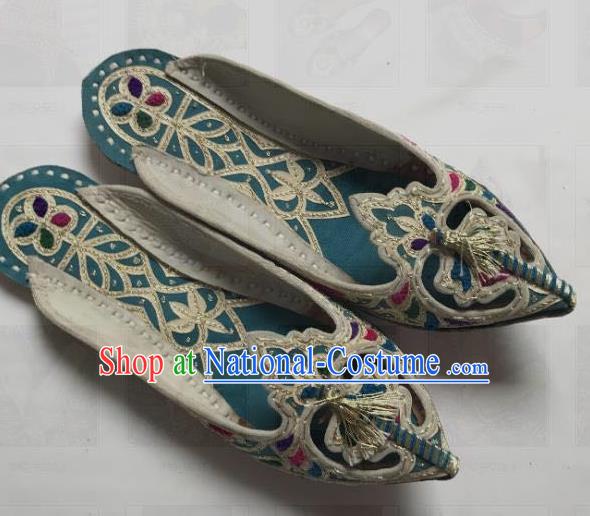 Asian India Traditional Embroidered Blue Slippers Indian Handmade Shoes for Women