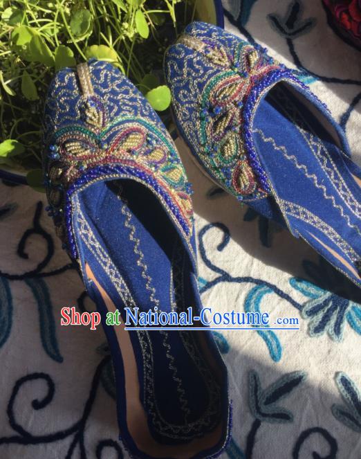 Asian India Traditional Wedding Embroidered Beads Royalblue Shoes Indian Handmade Shoes for Women