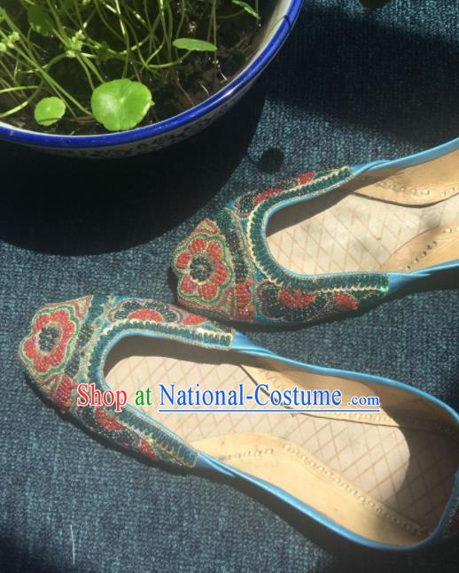 Asian India Traditional Embroidered Beads Blue Leather Shoes Indian Handmade Shoes for Women