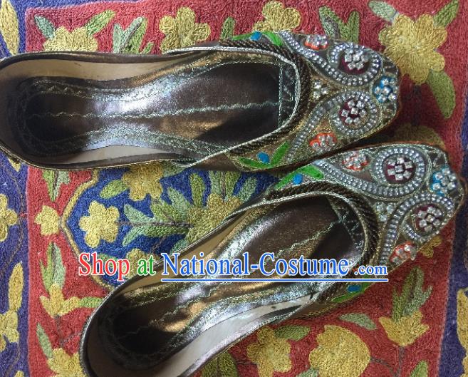 Asian India Traditional Embroidered Argent Crystal Shoes Indian Handmade Shoes for Women