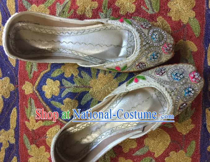 Asian India Traditional Embroidered Beige Crystal Shoes Indian Handmade Shoes for Women