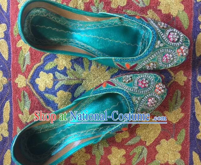 Asian India Traditional Embroidered Green Crystal Shoes Indian Handmade Shoes for Women