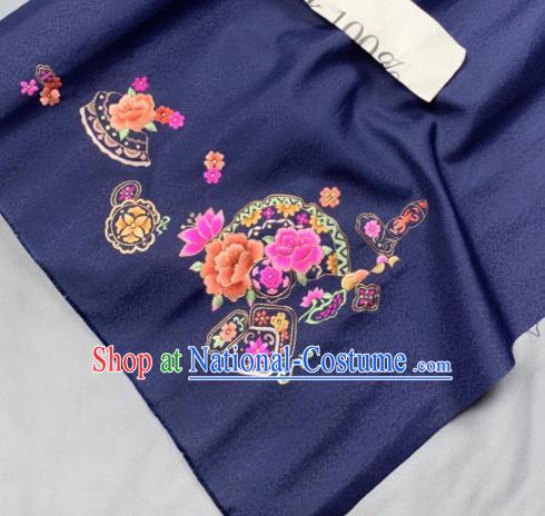 Chinese Classical Embroidered Peony Pattern Design Deep Blue Silk Fabric Asian Traditional Hanfu Brocade Material